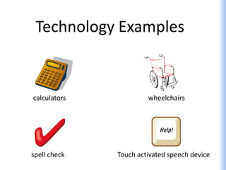 Technology Examples


calculators            wheelchairs




spell check   Touch activated speech device
 
