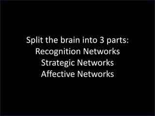 Split the brain into 3 parts:
  Recognition Networks
    Strategic Networks
    Affective Networks
 