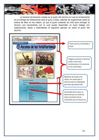 La tercera herramienta creada es el guión del alumno el cual es fundamental
en la entrega de indicaciones para la guía y clase, además de sugerencias sobre la
actitud de ellos en las clases, ya que el guion presente se creó para entregar al
alumno una herramienta con la cual puede desarrollar un buen trabajo con
explicaciones claras y sistemáticas el siguiente ejemplo es sobre el guion del
alumno.




                                                            Titulo alusiva al contenido a
                                                            tratar.




                                                           Imágenes alusivas al tema las
                                                           cuales sirven para
                                                           contextualizar a los alumnos
                                                           en los contenidos.




                                                      Objetivos de la guía y las
                                                      clases, son claves que el
                                                      alumno sepa las habilidades
                                                      que tiene que desarrollar



                                                      Contenidos de la clase, es
                                                      elemental que los alumnos
                                                      estén consientes de los
                                                      contenidos que se tocaran en
                                                      la clase a modo de
                                                      conocimientos previos.




                                                                              103
 