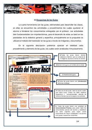 4.6 Esquemas de las Guías

      La cuarta herramienta son las guías, elementales para desarrollar las clases,
en ellas se encuentran las actividades y procedimientos los cuales ayudaran al
alumno a fortalecer los conocimientos entregados por el profesor. Las actividades
bien fundamentadas son importantísimas, para el desarrollo de estas se basó en los
postulados de la didáctica general y especifica, principalmente en la propuesta se
utilizará el método del historiador en las guías a través de imágenes y documentos.

      En   la   siguiente    descripción   podremos     apreciar      en     totalidad        cada
procedimiento y elemento de las guías, los cuales serán analizados minuciosamente.


                                                             1-Todas las guías tienen distinta
                                                             cabecera o Banner, que se compone de
                                                             4 imágenes alusivas al tema de estudio
                                                             a trabajar.


                                                      2-Número de la guía y el nombre de la unidad




                                                                3- Nombre de la guía.



                                                         4-Todas las guías tienen una introducción
                                                         del tema a trabajar




                                                      5- Cada una de las guías tiene el mis mo cuadro
                                                      que indica curso, unidad, los CMO, objetivos
                                                      específicos y      procedimentales, además de
                                                      indicar el tiempo que se le asigna a la actividad.




                                                      6- Todas las guías tienen una actividad de
                                                      Conocimientos Previos, para poder medir los
                                                      conocimientos prev ios del alumno y establecer
                                                      una base cognitiva para lograr anclar
                                                      conocimiento de mayor complejidad, si el alumno
                                                      no lo posee, repasar los contenidos



                                                                                        108
 