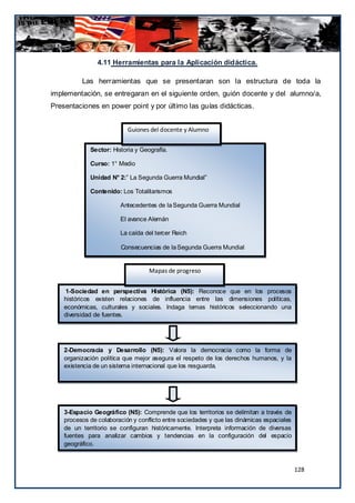 4.11 Herramientas para la Aplicación didáctica.

          Las herramientas que se presentaran son la estructura de toda la
implementación, se entregaran en el siguiente orden, guión docente y del alumno/a,
Presentaciones en power point y por último las guías didácticas.


                           Guiones del docente y Alumno


             Sector: Historia y Geografía.

             Curso: 1° Medio

             Unidad N° 2:” La Segunda Guerra Mundial”

             Contenido: Los Totalitarismos

                        Antecedentes de la Segunda Guerra Mundial

                        El avance Alemán

                        La caída del tercer Reich

                        Consecuencias de la Segunda Guerra Mundial


                                   Mapas de progreso


    1-Sociedad en perspectiva Histórica (N5): Reconoce que en los procesos
    históricos existen relaciones de influencia entre las dimensiones políticas,
    económicas, culturales y sociales. Indaga temas históricos seleccionando una
    diversidad de fuentes.




    2-Democracia y Desarrollo (N5): Valora la democracia como la forma de
    organización política que mejor asegura el respeto de los derechos humanos, y la
    existencia de un sistema internacional que los resguarda.




    3-Espacio Geográfico (N5): Comprende que los territorios se delimitan a través de
    procesos de colaboración y conflicto entre sociedades y que las dinámicas espaciales
    de un territorio se configuran históricamente. Interpreta información de diversas
    fuentes para analizar cambios y tendencias en la configuración del espacio
    geográfico.



                                                                                           128
 