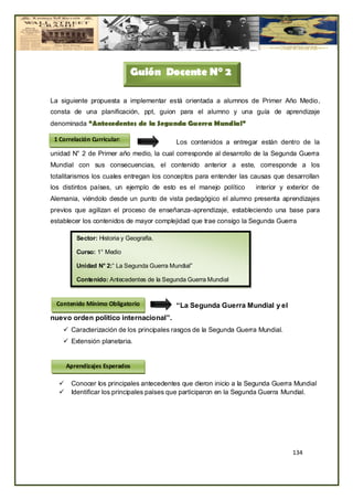 Guión Docente N° 2

La siguiente propuesta a implementar está orientada a alumnos de Primer Año Medio,
consta de una planificación, ppt, guion para el alumno y una guía de aprendizaje
denominada “Antecedentes de la Segunda Guerra Mundial”

 1 Correlación Curricular:                 Los contenidos a entregar están dentro de la
unidad N° 2 de Primer año medio, la cual corresponde al desarrollo de la Segunda Guerra
Mundial con sus consecuencias, el contenido anterior a este, corresponde a los
totalitarismos los cuales entregan los conceptos para entender las causas que desarrollan
los distintos países, un ejemplo de esto es el manejo político      interior y exterior de
Alemania, viéndolo desde un punto de vista pedagógico el alumno presenta aprendizajes
previos que agilizan el proceso de enseñanza-aprendizaje, estableciendo una base para
establecer los contenidos de mayor complejidad que trae consigo la Segunda Guerra

         Sector: Historia y Geografía.

         Curso: 1° Medio

         Unidad N° 2:” La Segunda Guerra Mundial”

         Contenido: Antecedentes de la Segunda Guerra Mundial


  Contenido Mínimo Obligatorio             “La Segunda Guerra Mundial y el
nuevo orden político internacional”.
     Caracterización de los principales rasgos de la Segunda Guerra Mundial.
     Extensión planetaria.


      Aprendizajes Esperados

      Conocer los principales antecedentes que dieron inicio a la Segunda Guerra Mundial
      Identificar los principales países que participaron en la Segunda Guerra Mundial.




                                                                                134
 