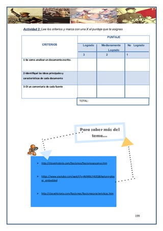 Actividad 3: Lee los criterios y marca con una X el puntaje que te asignas

                                                                         PUNTAJE

                 CRITERIOS                         Logrado        Medianamente      No Logrado
                                                                          Logrado
                                                   3                  2             1
1-Se como analizar un documento escrito.



2-Identifiqué las ideas principales y
características de cada documento

3-Di un comentario de cada fuente




                                                TOTAL:




                                                Para saber más del
                                                     tema…




             http://claseshistoria.com/fascismos/fascismosascenso.htm



             https://www.youtube.com/watch?v=AkNXXcFAI2Q&feature=play
              er_embedded



             http://claseshistoria.com/fascismos/fascismocaracteristicas.htm




                                                                                        199
 