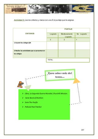 Actividad 3: Lee los criterios y marca con una X el puntaje que te asignas



                                                                PUNTAJE

                 CRITERIOS                        Logrado   Medianamente     No Logrado
                                                                   Logrado
                                                  3            2             1
1-Escanié los códigos QR



2-Realice las actividades que se presentan en
los códigos


                                                TOTAL:




                                                Para saber más del
                                                     tema…




               Libro, La Segunda Guerra Mundial, Churchill Winston.

               Serie Band of Brothers

               Serie The Pacific

               Película Pearl Harbor




                                                                                 207
 