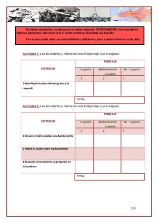 Estimados estudiantes, a continuación se debes responder OBJETIVAMENTE, si has logrado los
objetivos planteados. Marca con una X, donde consideres el puntaje que lograste.

       Esto es para poder saber sus potencialidades y deficiencias, para ir mejorándolas en cada clase.



    Actividad 1: Lee los criterios y marca con una X el puntaje que te asignas

                                                                        PUNTAJE

                     CRITERIOS                        Logrado      Medianamente          No Logrado
                                                                           Logrado
                                                      3                2                1
    1-identifiqué las pistas del crucigrama y lo
    respondí



                                                    TOTAL:

    Actividad 2: Lee los criterios y marca con una X el puntaje que te asignas

                                                                        PUNTAJE

                     CRITERIOS                        Logrado      Medianamente          No Logrado
                                                                           Logrado
                                                      3                2                1
    1-Recuero el cómo analizar una fuente escrita



    2-rellené el cuadro sobre los documentos



    3-Respondí correctamente las preguntas en
    mi cuaderno


                                                    TOTAL:




                                                                                               215
 