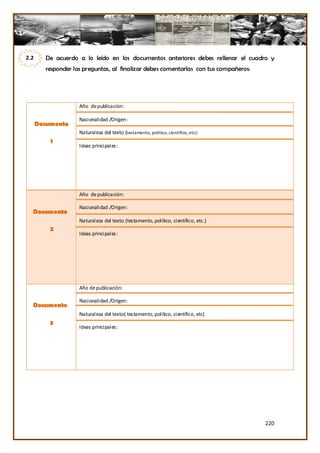 2.2     De acuerdo a lo leído en los documentos anteriores debes rellenar el cuadro y
        responder las preguntas, al finalizar debes comentarlas con tus compañeros:




                    Año de publicación:

                    Nacionalidad /Origen:
      Documento
                    Naturaleza del texto (testamento, político, científico, etc):
          1
                    Ideas principales:




                    Año de publicación:

                    Nacionalidad /Origen:
  Documento
                    Naturaleza del texto (testamento, político, científico, etc.)
          2
                    Ideas principales:




                    Año de publicación:

                    Nacionalidad /Origen:
  Documento
                    Naturaleza del texto( testamento, político, científico, etc)
          3
                    Ideas principales:




                                                                                      220
 