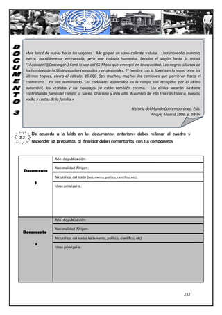 «Me lancé de nuevo hacia los vagones. Me golpeó un vaho caliente y dulce. Una montaña humana,
      inerte, horriblemente enrevesada, pero que todavía humeaba, llenaba el vagón hasta la mitad.
      "¡Ausiaden!'(¡Descargar!) Sonó la voz del SS-Mann que emergió en la oscuridad. Las negras siluetas de
      los hombres de la SS deambulan tranquilas y profesionales. El hombre con la libreta en la mano pone los
      últimos toques, cierra el cálculo: 15.000. Son muchos, muchos los camiones que partieron hacia el
      crematorio. Ya van terminando. Los cadáveres esparcidos en la rampa son recogidos por el último
      automóvil, los vestidos y los equipajes ya están también encima. Los civiles sacarán bastante
      contrabando fuera del campo, a Silesia, Cracovia y más allá. A cambio de ello traerán tabaco, huevos,
      vodka y cartas de la familia.»

                                                                               Historia del Mundo Contemporáneo, Edit.
                                                                                           Anaya, Madrid 1996. p. 93-94



         De acuerdo a lo leído en los documentos anteriores debes rellenar el cuadro y
2.2
         responder las preguntas, al finalizar debes comentarlas con tus compañeros:


                       Año de publicación:

                       Nacionalidad /Origen:
  Documento
                       Naturaleza del texto (testamento, político, científico, etc):
           1
                       Ideas principales:




                       Año de publicación:

                       Nacionalidad /Origen:
 Documento
                       Naturaleza del texto( testamento, político, científico, etc)
           2
                       Ideas principales:




                                                                                                             232
 