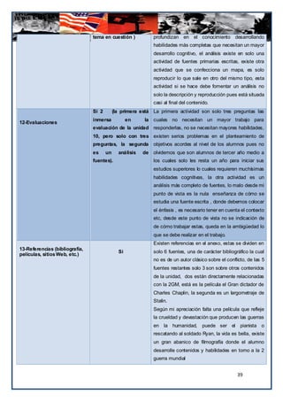 tema en cuestión )            profundizan en el conocimiento desarrollando
                                                              habilidades más completas que necesitan un mayor
                                                              desarrollo cognitivo, el análisis existe en solo una
                                                              actividad de fuentes primarias escritas, existe otra
                                                              actividad que se confecciona un mapa, es solo
                                                              reproducir lo que sale en otro del mismo tipo, esta
                                                              actividad si se hace debe fomentar un análisis no
                                                              solo la descripción y reproducción pues está situada
                                                              casi al final del contenido.
                                Si 2        (la primera está La primera actividad son solo tres preguntas las
                                inmersa            en    la cuales no necesitan un mayor trabajo para
12-Evaluaciones
                                evaluación de la unidad responderlas, no se necesitan mayores habilidades,
                                10, pero solo con tres existen serios problemas en el planteamiento de
                                preguntas, la segunda         objetivos acordes al nivel de los alumnos pues no
                                es     un     análisis   de   olvidemos que son alumnos de tercer año medio a
                                fuentes).                     los cuales solo les resta un año para iniciar sus
                                                              estudios superiores lo cuales requieren muchísimas
                                                              habilidades cognitivas, la otra actividad es un
                                                              análisis más completo de fuentes, lo malo desde mi
                                                              punto de vista es la nula enseñanza de cómo se
                                                              estudia una fuente escrita , donde debemos colocar
                                                              el énfasis , es necesario tener en cuenta el contexto
                                                              etc, desde este punto de vista no se indicación de
                                                              de cómo trabajar estas, queda en la ambigüedad lo
                                                              que se debe realizar en el trabajo.
                                                              Existen referencias en el anexo, estas se dividen en
13-Referencias (bibliografía,
                                              Si              solo 6 fuentes, una de carácter bibliográfico la cual
películas, sitios Web, etc.)
                                                              no es de un autor clásico sobre el conflicto, de las 5
                                                              fuentes restantes solo 3 son sobre otros contenidos
                                                              de la unidad, dos están directamente relacionadas
                                                              con la 2GM, está es la película el Gran dictador de
                                                              Charles Chaplin, la segunda es un largometraje de
                                                              Stalin.
                                                              Según mi apreciación falta una película que refleje
                                                              la crueldad y devastación que producen las guerras
                                                              en la humanidad,        puede ser el      pianista o
                                                              rescatando al soldado Ryan, la vida es bella, existe
                                                              un gran abanico de filmografía donde el alumno
                                                              desarrolle contenidos y habilidades en torno a la 2
                                                              guerra mundial


                                                                                                      39
 