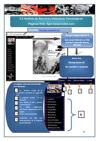 2.6 Análisis de Recursos Didácticos Tecnológicos
                    Páginas Web: Sgm.Casposidad.com

                    Dirección: http://sgm.casposidad.com/

                                                                    Nombre Página Web N° 2

                                                                Sgm.casposidad.com, el sitio
                                                                 web de la Segunda Guerra
                                                                          Mundial




                                                                            Autor (es):

                                                                       Rodrigo Bustos M.

                                                                    No especifica su profesión




La página web está estructurada
en 6 Secciones:
                                                                2
  1
  9- La        primera sección da la
                                                                        3            4           5
  bienvenida y presenta un mapa del
                                                            1
  sitio
  2 La segunda sección es un
        buscador
  3 Foro donde se da a conocer
        normas de este
  4 Se            dejan     sugerencias,
        peticiones u opinión acerca de la
        página
  5 Enviar correo electrónico
                                                                                     6
       Contenidos del sitio web
   6
       exclusivamente de la Segunda
       Guerra Mundial.




                                                                                          65
 