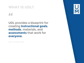 “UDL provides a blueprint for
creating instructional goals,
methods, materials, and
assessments that work for
everyone.
UD...