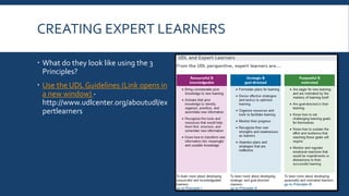 CREATING EXPERT LEARNERS
 Use the UDL Guidelines (Link opens in
a new window) -
http://www.udlcenter.org/aboutudl/ex
pertlearners
 