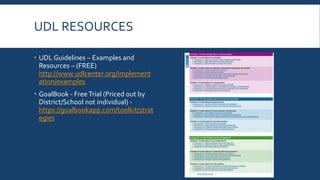 UDL RESOURCES
 UDL Guidelines – Examples and
Resources – (FREE)
http://www.udlcenter.org/implement
ation/examples
 