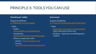 I: PROVIDE MULTIPLE MEANS OF
REPRESENTATION
Breakdown of Principle I
 The “What” of Learning
 Learners differ in the ways that they
perceive and comprehend
information that is presented to
them.
 Provide options for
 Comprehension
 Language, Mathematical expressions,
and symbols
 Perception
 