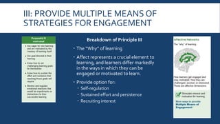 PRINCIPLE I:TOOLSYOU CAN USE
Concept Mapping
 Supports Guidelines:
 3.4: Maximize transfer and
generalization
 6.2: Support planning and strategy
development
 Tools:
 MS Word or PowerPoint
 Paper/Pens
 Bubbl.us (free)
 Mindmeister
(3 maps for Free account – Edu account -
$30/6mths)
Visuwords and Math Open Reference
 Supports Guidelines:
 2.5: Illustrate through multiple media
 Tool Link:
 Visuwords -
http://www.visuwords.com/
 MOR -
http://www.mathopenref.com/index.ht
ml
 