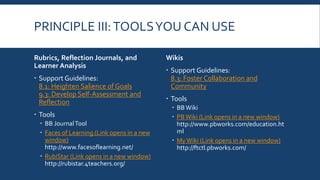 II: PROVIDE MULTIPLE MEANS OF ACTION &
EXPRESSION
Breakdown of Principle II
 The “How” of Learning
 Learners differ in the ways that they
can navigate a learning environment
and express what they know.
 Provide options for:
 Executive functions (goal-setting,
planning, etc.)
 Expression and communication
 Physical action
 