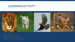 LEARNING ACTIVITY
 https://prezi.com/iqlxzd8gslf9/udl-workshop/
 Lion image: https://commons.wikimedia.org/wiki/File:Darica_Lion_07174.jpg
 Lamb image: https://commons.wikimedia.org/wiki/File:Sheep,_Stodmarsh_6.jpg
 Hawk image: https://commons.wikimedia.org/wiki/File:Red-shouldered_hawk_taking_flight.JPG
 Hen image: https://commons.wikimedia.org/wiki/File:Hen_with_chicks,_Raisen_district,_MP,_India.jpg
 