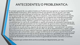 ANTECEDENTES/ O PROBLEMATICA:
•   El contador general de una cadena hotelera en Puebla tiene que generar un reporte de Estado
    de Resultados Financieros, dicho reporte se tienen que generar una vez al mes y por cada
    departamento de cada hotel que la conforman, ellos tienen un sistema ERP pero no genera
    dicho reporte bajo las necesidades que ellos lo requieren, dicho sistema solo genera un reporte
    por departamento por mes y lo que ellos requieren en un reporte que contenga presupuestos
    actuales, ingresos, costos, gastos del año pasado y los del año en curso y los que genera este
    ERP solo contiene costos, ingresos y gastos sin ningún tipo de calculo que lo ayude a su
    contabilidad (por lo cual no es considerado un reporte de estados de resultados financieros), los
    encargados de cada departamento son los responsables de generar dichos reportes individuales,
    una vez generados estos reportes son enviados para que puedan estructurar toda esa
    información en un solo archivo, seguido de esto generan también " manualmente" un archivo
    que contiene la información de hace un año de cada uno de los departamentos y copian y pegan
    dicha información en el nuevo reporte financiero, seguido de esto generan un documento de
    presupuestos del cual también copian y pegan la información en el nuevo reporte financiero, una
    vez que esta información esta lista se hace el ajuste necesario en cantidades para luego enviarlo
    al director general para que pueda tomar decisiones en base a la información que ve en el
    reporte de resultados, todo el proceso anterior es generado de manera manual en un archivo
    Excel.
    La información que contiene dicho archivo se divide por departamento, por mes.​
 