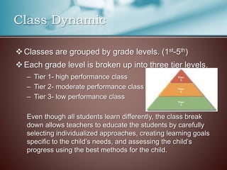 Class Dynamic
Classes are grouped by grade levels. (1st-5th)
Each grade level is broken up into three tier levels.
– Tier 1- high performance class
– Tier 2- moderate performance class
– Tier 3- low performance class
Even though all students learn differently, the class break
down allows teachers to educate the students by carefully
selecting individualized approaches, creating learning goals
specific to the child’s needs, and assessing the child’s
progress using the best methods for the child.
 