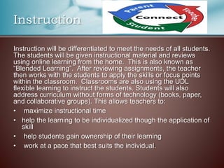 Instruction
Instruction will be differentiated to meet the needs of all students.
The students will be given instructional material and reviews
using online learning from the home. This is also known as
“Blended Learning”. After reviewing assignments, the teacher
then works with the students to apply the skills or focus points
within the classroom. Classrooms are also using the UDL
flexible learning to instruct the students. Students will also
address curriculum without forms of technology (books, paper,
and collaborative groups). This allows teachers to:
• maximize instructional time
• help the learning to be individualized though the application of
skill
• help students gain ownership of their learning
• work at a pace that best suits the individual.
 