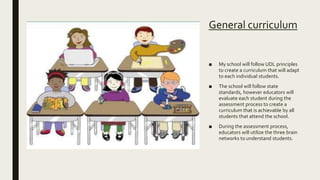 General curriculum
■ My school will follow UDL principles
to create a curriculum that will adapt
to each individual students.
■ The school will follow state
standards, however educators will
evaluate each student during the
assessment process to create a
curriculum that is achievable by all
students that attend the school.
■ During the assessment process,
educators will utilize the three brain
networks to understand students.
 