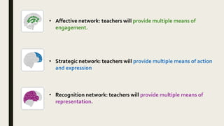 • Affective network: teachers will provide multiple means of
engagement.
• Strategic network: teachers will provide multiple means of action
and expression
• Recognition network: teachers will provide multiple means of
representation.
 