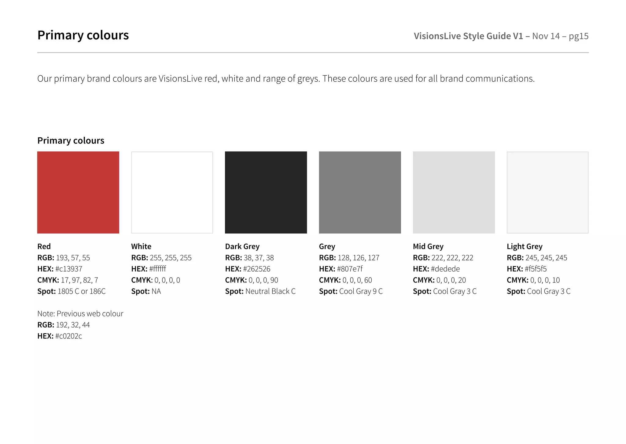 Primary colours VisionsLive Style Guide V1 – Nov 14 – pg15 
Our primary brand colours are VisionsLive red, white and range of greys. These colours are used for all brand communications. 
Primary colours 
Red 
RGB: 193, 57, 55 
HEX: #c13937 
CMYK: 17, 97, 82, 7 
Spot: 1805 C or 186C 
Note: Previous web colour 
RGB: 192, 32, 44 
HEX: #c0202c 
White 
RGB: 255, 255, 255 
HEX: # 
CMYK: 0, 0, 0, 0 
Spot: NA 
Dark Grey 
RGB: 38, 37, 38 
HEX: #262526 
CMYK: 0, 0, 0, 90 
Spot: Neutral Black C 
Mid Grey 
RGB: 222, 222, 222 
HEX: #dedede 
CMYK: 0, 0, 0, 20 
Spot: Cool Gray 3 C 
Light Grey 
RGB: 245, 245, 245 
HEX: #f5f5f5 
CMYK: 0, 0, 0, 10 
Spot: Cool Gray 3 C 
Grey 
RGB: 128, 126, 127 
HEX: #807e7f 
CMYK: 0, 0, 0, 60 
Spot: Cool Gray 9 C 
 