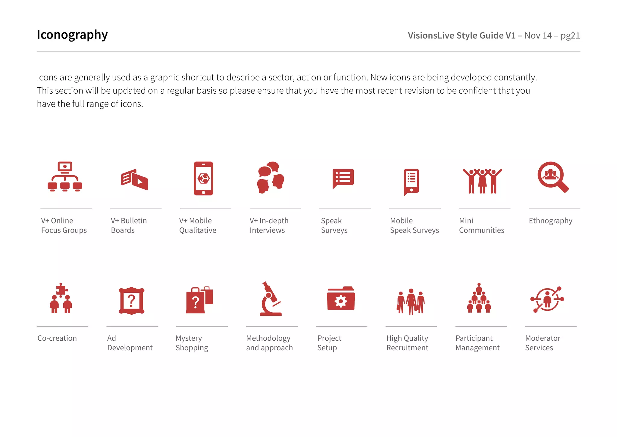 Iconography VisionsLive Style Guide V1 – Nov 14 – pg21 
Icons are generally used as a graphic shortcut to describe a sector, action or function. New icons are being developed constantly. 
This section will be updated on a regular basis so please ensure that you have the most recent revision to be confident that you 
have the full range of icons. 
V+ Online 
Focus Groups 
V+ Bulletin 
Boards 
V+ Mobile 
Qualitative 
V+ In-depth 
Interviews 
Speak 
Surveys 
Mobile 
Speak Surveys 
Mini 
Communities 
Ethnography 
Co-creation Ad 
Development 
Mystery 
Shopping 
Methodology 
and approach 
Project 
Setup 
High Quality 
Recruitment 
Participant 
Management 
Moderator 
Services 
 