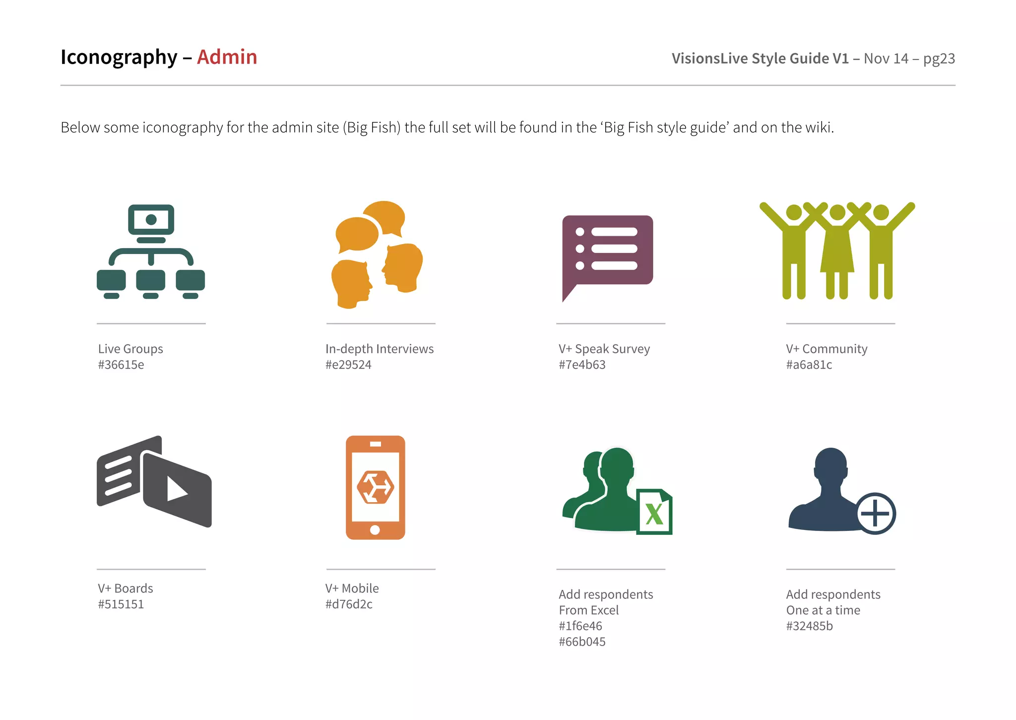 Iconography – Admin 
VisionsLive Style Guide V1 – Nov 14 – pg23 
Below some iconography for the admin site (Big Fish) the full set will be found in the ‘Big Fish style guide’ and on the wiki. 
Live Groups 
#36615e 
In-depth Interviews 
#e29524 
V+ Speak Survey 
#7e4b63 
V+ Community 
#a6a81c 
V+ Boards 
#515151 
V+ Mobile 
#d76d2c 
Add respondents 
From Excel 
#1f6e46 
#66b045 
Add respondents 
One at a time 
#32485b 
X 
 