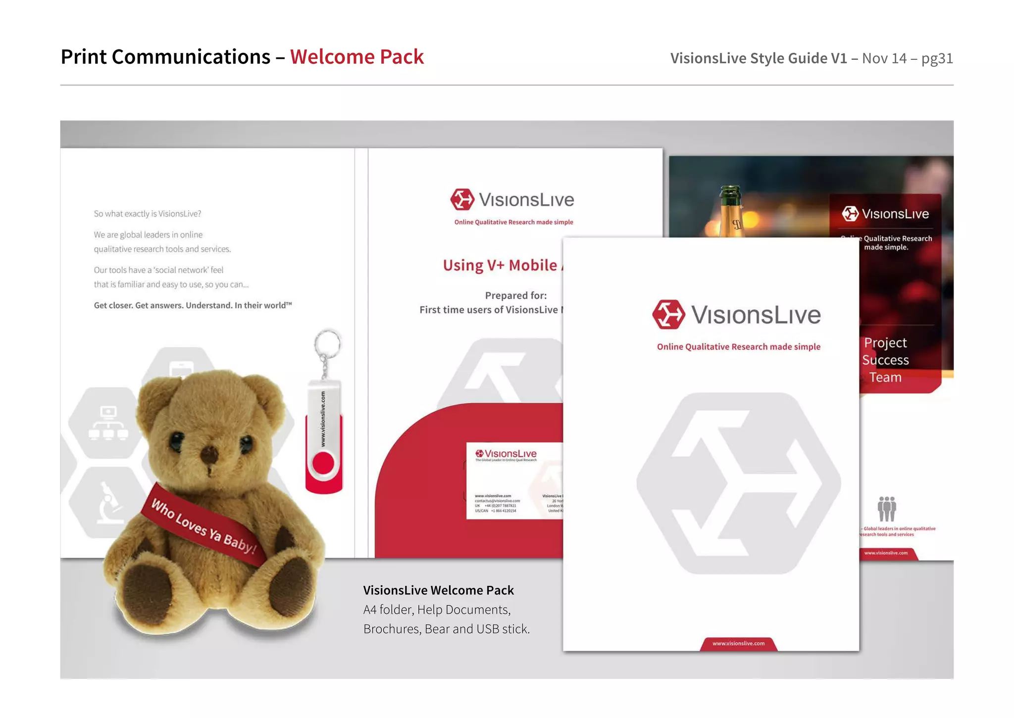 Print Communications – Welcome Pack VisionsLive Style Guide V1 – Nov 14 – pg31 
VisionsLive Welcome Pack 
A4 folder, Help Documents, 
Brochures, Bear and USB stick. 
 