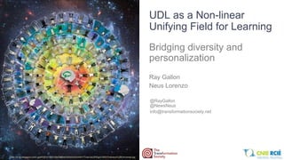 UDL as a Non-linear
Unifying Field for Learning
Bridging diversity and
personalization
Ray Gallon
Neus Lorenzo
@RayGallon
@NewsNeus
info@transformationsociety.net
http://4.bp.blogspot.com/-gzdHo8-e14M/Vj9pDisBlwI/AAAAAAAAAhY/7cacUeUEtDg/s1600/Oneness%2BUniversal.jpg
 