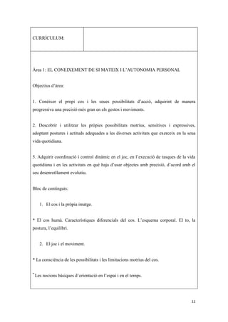 CURRÍCULUM:




Àrea 1: EL CONEIXEMENT DE SI MATEIX I L’AUTONOMIA PERSONAL


Objectius d’àrea:


1. Conèixer el propi cos i les seues possibilitats d’acció, adquirint de manera
progressiva una precisió més gran en els gestos i moviments.


2. Descobrir i utilitzar les pròpies possibilitats motrius, sensitives i expressives,
adoptant postures i actituds adequades a les diverses activitats que exerceix en la seua
vida quotidiana.


5. Adquirir coordinació i control dinàmic en el joc, en l’execució de tasques de la vida
quotidiana i en les activitats en què haja d’usar objectes amb precisió, d’acord amb el
seu desenrotllament evolutiu.


Bloc de continguts:


      1. El cos i la pròpia imatge.


* El cos humà. Característiques diferencials del cos. L’esquema corporal. El to, la
postura, l’equilibri.


      2. El joc i el moviment.


* La consciència de les possibilitats i les limitacions motrius del cos.

*
    Les nocions bàsiques d’orientació en l’espai i en el temps.




                                                                                     11
 