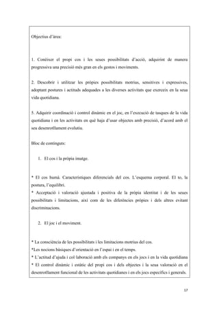 Objectius d’àrea:




1. Conèixer el propi cos i les seues possibilitats d’acció, adquirint de manera
progressiva una precisió més gran en els gestos i moviments.


2. Descobrir i utilitzar les pròpies possibilitats motrius, sensitives i expressives,
adoptant postures i actituds adequades a les diverses activitats que exerceix en la seua
vida quotidiana.


5. Adquirir coordinació i control dinàmic en el joc, en l’execució de tasques de la vida
quotidiana i en les activitats en què haja d’usar objectes amb precisió, d’acord amb el
seu desenrotllament evolutiu.


Bloc de continguts:


    1. El cos i la pròpia imatge.



* El cos humà. Característiques diferencials del cos. L’esquema corporal. El to, la
postura, l’equilibri.
* Acceptació i valoració ajustada i positiva de la pròpia identitat i de les seues
possibilitats i limitacions, així com de les diferències pròpies i dels altres evitant
discriminacions.


    2. El joc i el moviment.



* La consciència de les possibilitats i les limitacions motrius del cos.
*Les nocions bàsiques d’orientació en l’espai i en el temps.
* L’actitud d’ajuda i col·laboració amb els companys en els jocs i en la vida quotidiana
* El control dinàmic i estàtic del propi cos i dels objectes i la seua valoració en el
desenrotllament funcional de les activitats quotidianes i en els jocs específics i generals.


                                                                                          17
 