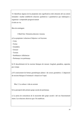 14. Identificar algunes de les propietats més significatives dels elements del seu entorn
immediat i mediat establint-hi relacions qualitatives i quantitatives que induïsquen a
organitzar i comprendre progressivament
el món on viu.


Bloc de continguts:


          1.Medi físic: Elements,relacions i mesura.

a) Les propietats i relacions d’objectes i col·leccions:
– Color
– Forma
– Grandària
– Grossor
– Textura
– Semblances i diferències
– Pertinença i no pertinença


h) El descobriment de les nocions bàsiques de mesura: longitud, grandària, capacitat,
pes i temps


j) El coneixement de formes geomètriques planes i de cossos geomètrics. L’adquisició
de nocions bàsiques d’orientació i situació en l’espai.




   Bloc 3. La cultura i vida en societat


b) La percepció dels primers grups socials de pertinença.


c) La presa de consciència de la necessitat dels grups socials i del seu funcionament
intern. Les relacions afectives que s’hi establixen.




                                                                                      24
 