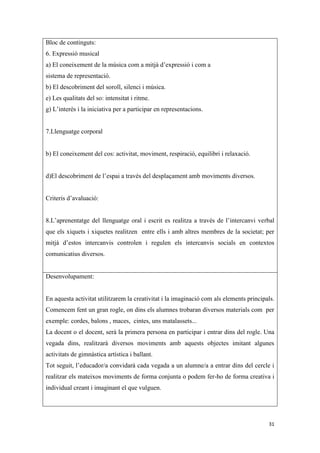 Bloc de continguts:
6. Expressió musical
a) El coneixement de la música com a mitjà d’expressió i com a
sistema de representació.
b) El descobriment del soroll, silenci i música.
e) Les qualitats del so: intensitat i ritme.
g) L’interés i la iniciativa per a participar en representacions.


7.Llenguatge corporal


b) El coneixement del cos: activitat, moviment, respiració, equilibri i relaxació.


d)El descobriment de l’espai a través del desplaçament amb moviments diversos.


Criteris d’avaluació:


8.L’aprenentatge del llenguatge oral i escrit es realitza a través de l’intercanvi verbal
que els xiquets i xiquetes realitzen entre ells i amb altres membres de la societat; per
mitjà d’estos intercanvis controlen i regulen els intercanvis socials en contextos
comunicatius diversos.


Desenvolupament:


En aquesta activitat utilitzarem la creativitat i la imaginació com als elements principals.
Comencem fent un gran rogle, on dins els alumnes trobaran diversos materials com per
exemple: cordes, balons , maces, cintes, uns matalassets...
La docent o el docent, serà la primera persona en participar i entrar dins del rogle. Una
vegada dins, realitzarà diversos moviments amb aquests objectes imitant algunes
activitats de gimnàstica artística i ballant.
Tot seguit, l’educador/a convidarà cada vegada a un alumne/a a entrar dins del cercle i
realitzar els mateixos moviments de forma conjunta o podem fer-ho de forma creativa i
individual creant i imaginant el que vulguen.




                                                                                         31
 