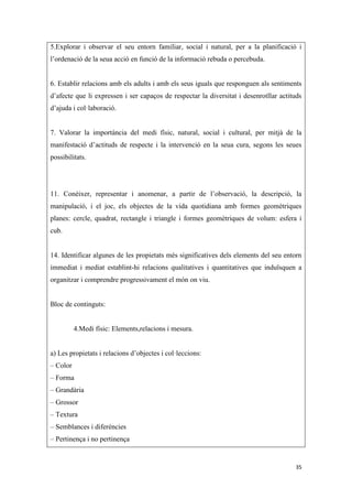 5.Explorar i observar el seu entorn familiar, social i natural, per a la planificació i
l’ordenació de la seua acció en funció de la informació rebuda o percebuda.


6. Establir relacions amb els adults i amb els seus iguals que responguen als sentiments
d’afecte que li expressen i ser capaços de respectar la diversitat i desenrotllar actituds
d’ajuda i col·laboració.


7. Valorar la importància del medi físic, natural, social i cultural, per mitjà de la
manifestació d’actituds de respecte i la intervenció en la seua cura, segons les seues
possibilitats.




11. Conèixer, representar i anomenar, a partir de l’observació, la descripció, la
manipulació, i el joc, els objectes de la vida quotidiana amb formes geomètriques
planes: cercle, quadrat, rectangle i triangle i formes geomètriques de volum: esfera i
cub.


14. Identificar algunes de les propietats més significatives dels elements del seu entorn
immediat i mediat establint-hi relacions qualitatives i quantitatives que induïsquen a
organitzar i comprendre progressivament el món on viu.


Bloc de continguts:


          4.Medi físic: Elements,relacions i mesura.


a) Les propietats i relacions d’objectes i col·leccions:
– Color
– Forma
– Grandària
– Grossor
– Textura
– Semblances i diferències
– Pertinença i no pertinença


                                                                                       35
 