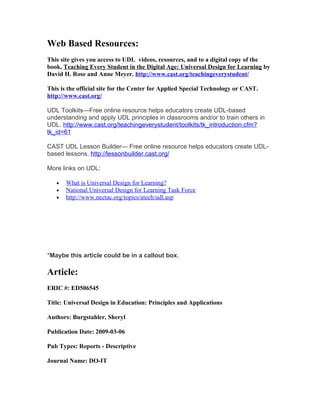 Web Based Resources:
This site gives you access to UDL videos, resources, and to a digital copy of the
book, Teaching Every Student in the Digital Age: Universal Design for Learning by
David H. Rose and Anne Meyer. http://www.cast.org/teachingeverystudent/

This is the official site for the Center for Applied Special Technology or CAST.
http://www.cast.org/

UDL Toolkits—Free online resource helps educators create UDL-based
understanding and apply UDL principles in classrooms and/or to train others in
UDL. http://www.cast.org/teachingeverystudent/toolkits/tk_introduction.cfm?
tk_id=61

CAST UDL Lesson Builder— Free online resource helps educators create UDL-
based lessons. http://lessonbuilder.cast.org/

More links on UDL:

   •   What is Universal Design for Learning?
   •   National Universal Design for Learning Task Force
   •   http://www.nectac.org/topics/atech/udl.asp




*Maybe this article could be in a callout box.

Article:
ERIC #: ED506545

Title: Universal Design in Education: Principles and Applications

Authors: Burgstahler, Sheryl

Publication Date: 2009-03-06

Pub Types: Reports - Descriptive

Journal Name: DO-IT
 