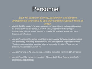 Personnel
Multiple BCBA’s, speech therapists, occupational therapists and a diagnostician would
be available through the school, if needed. Other personnel includes principal,
assistant/vice principal, nurse, librarian, counselor, PE teachers, art teachers, music
teachers, core teachers.
ALL staff working at the school would be trained in Applied Behavior Analytic principles
and methods by completing a mandatory 40 hour training before beginning instruction.
This includes the principal, assistant principal, counselor, librarian, PE teachers, art
teachers, music teachers, nurse, etc.
ALL staff working at the school would complete a mandatory training in UDL principles.
ALL staff would be trained in a mandatory 12 hour Safety Care Training, specifically
Behavioral Safety Training.
Staff will consist of diverse, passionate, and creative
professionals who strive to see their students succeed within all
areas.
 