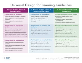 Universal Design for Learning Guidelines
    I. Provide Multiple Means of                               II. Provide Multiple Means of                                III. Provide Multiple Means of
           Representation                                           Action and Expression                                             Engagement

1. Provide options for perception                           4. Provide options for physical action                      7. Provide options for recruiting interest
  Options that customize the display of information           Options in the mode of physical response                     Options that increase individual choice
                                                                                                                           and autonomy
  Options that provide alternatives for auditory              Options in the means of navigation
  information                                                                                                              Options that enhance relevance, value,
                                                              Options for accessing tools and assistive
                                                                                                                           and authenticity
  Options that provide alternatives for visual                technologies
  information                                                                                                              Options that reduce threats and distractions


2. Provide options for language and                         5. Provide options for expressive skills                    8. Provide options for sustaining effort and
   symbols                                                     and ﬂuency                                                  persistence
  Options that define vocabulary and symbols                  Options in the media for communication                       Options that heighten salience of goals
                                                                                                                           and objectives
  Options that clarify syntax and structure                   Options in the tools for composition and problem
                                                              solving                                                      Options that vary levels of challenge and support
  Options for decoding text or mathematical notation
                                                              Options in the scaffolds for practice and                    Options that foster collaboration and
  Options that promote cross-linguistic understanding
                                                              performance                                                  communication
  Options that illustrate key concepts non-linguistically
                                                                                                                           Options that increase mastery-oriented feedback



3. Provide options for comprehension                        6. Provide options for executive functions                  9. Provide options for self-regulation
                                                              Options that guide effective goal-setting                    Options that guide personal goal-setting and
  Options that provide or activate background
                                                                                                                           expectations
  knowledge                                                   Options that support planning and strategy
                                                              development                                                  Options that scaffold coping skills and strategies
  Options that highlight critical features, big ideas,
  and relationships                                           Options that facilitate managing information and             Options that develop self-assessment and reflection
                                                              resources
  Options that guide information processing
                                                              Options that enhance capacity for monitoring
  Options that support memory and transfer
                                                              progress




                                                                                                                                             © 2009 by CAST. All rights reserved.
                                                                           APA Citation: CAST (2008). Universal design for learning guidelines version 1.0. Wakefield, MA: Author.
 
