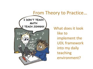 From Theory to Practice…
What does it look
like to
implement the
UDL framework
into my daily
teaching
environment?
 