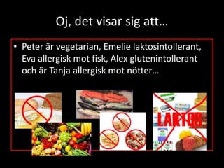 Oj, det visar sig att…
• Peter är vegetarian, Emelie laktosintollerant,
Eva allergisk mot fisk, Alex glutenintollerant
och är Tanja allergisk mot nötter…
 