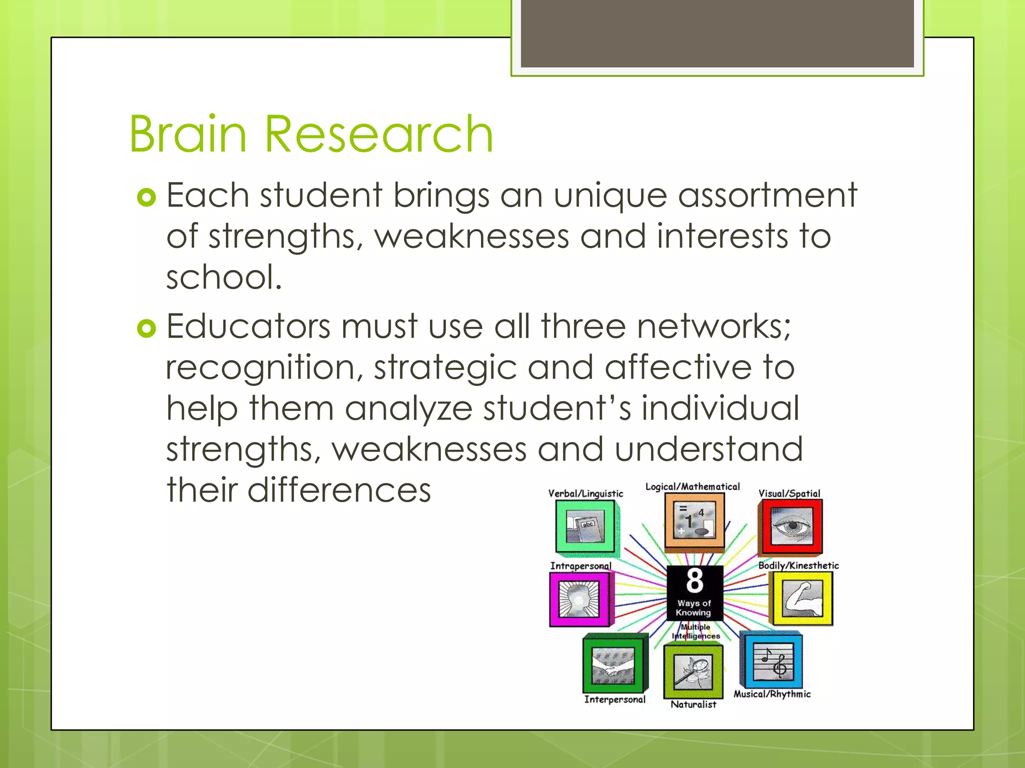 Brain Research
 Each   student brings an unique assortment
  of strengths, weaknesses and interests to
  school.
 Educators must use all three networks;
  recognition, strategic and affective to
  help them analyze student’s individual
  strengths, weaknesses and understand
  their differences
 