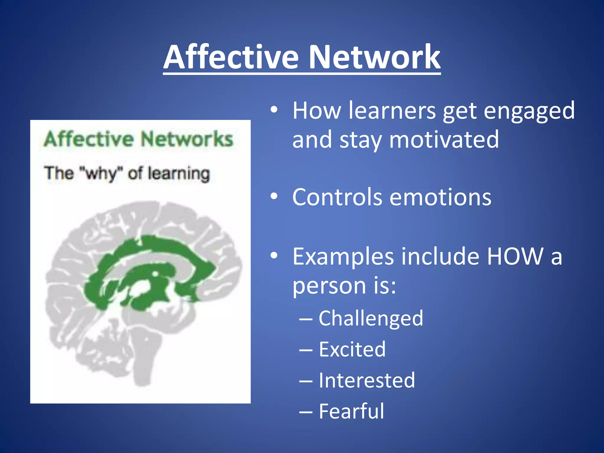 Affective Network
• How learners get engaged
and stay motivated
• Controls emotions
• Examples include HOW a
person is:
– Challenged
– Excited
– Interested
– Fearful
 