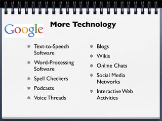 More Technology

Text-to-Speech    Blogs
Software
                  Wikis
Word-Processing
                  Online Chats
Software
                  Social Media
Spell Checkers
                  Networks
Podcasts
                  Interactive Web
Voice Threads     Activities
 