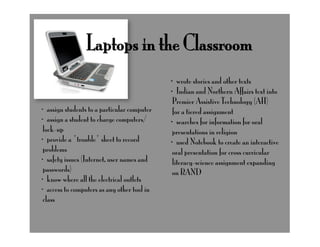 Laptops in the Classroom
                                             · wrote stories and other texts
                                             · Indian and Northern Affairs text into
                                              Premier Assistive Technology (AH)
· assign students to a particular computer    for a tiered assignment
· assign a student to charge computers/      · searches for information for oral
 lock-up                                      presentations in religion
· provide a "trouble" sheet to record        · used Notebook to create an interactive
 problems                                     oral presentation for cross curricular
· safety issues (Internet, user names and     literacy-science assignment expanding
 passwords)                                   on RAND
· know where all the electrical outlets
· access to computers as any other tool in
 class
 