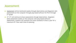 Assessment
 Assessment will be monitored weekly through observations and diagnostic skill
assessments on the computer through play-based software for Pre-K through
2nd grade.
 3rd -5th will continue to have assessments through observations, diagnostic
skills assessment weekly on the computer with play-based software.
Additionally, students will assessed core state standards 4 times a year for a
maximum of 1-hour each time of assessing.
 
