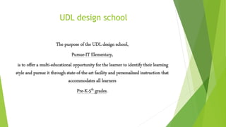 UDL design school
The purpose of the UDL design school,
Pursue-IT Elementary,
is to offer a multi-educational opportunity for the learner to identify their learning
style and pursue it through state-of-the-art facility and personalized instruction that
accommodates all learners
Pre-K-5th grades.
 