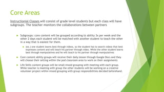 Core Areas
Instructionial Classes will consist of grade level students but each class will have
subgroups. The teacher monitors the collaborations between partners
 Subgroups: core content will be grouped according to ability 3x per week and the
other 2 days each student will be matched with another student to teach the other
in a way that is easiest for them.
 (ex.) one student learns best through videos, so the student has to search videos that best
expresses content and will teach his partner through video. While the other student learns
best through manipulatives and he will teach to his partner through manipulatives
 Core content ability groups will receive their daily lesson through Google Docs and they
will choose their setting within the pod classroom area to work on their assignments
 Life Skills content groups will be small mixed grouping with meeting with each group.
While teacher is meeting with group the other students will be working on a creative
volunteer project within mixed grouping with group responsibilities decided beforehand.
 