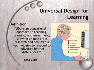 Universal Design for
                                Learning
Definition:
   “UDL is an educational
    approach to teaching,
  learning, and assessment,
    drawing on new brain
   research and new media
  technologies to respond to
      individual learner
        differences.”

        -CAST 2003
 