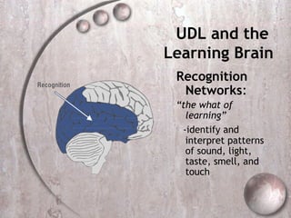 UDL and the
Learning Brain
 Recognition
  Networks:
 “the what of
   learning”
  -identify and
   interpret patterns
   of sound, light,
   taste, smell, and
   touch
 