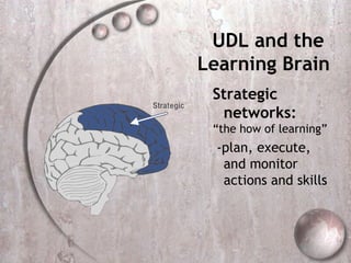 UDL and the
Learning Brain
 Strategic
  networks:
 “the how of learning”
  -plan, execute,
   and monitor
   actions and skills
 
